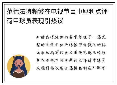 范德法特频繁在电视节目中犀利点评荷甲球员表现引热议 范德法特频繁在电视节目中犀利点评荷甲球员表现引热议
